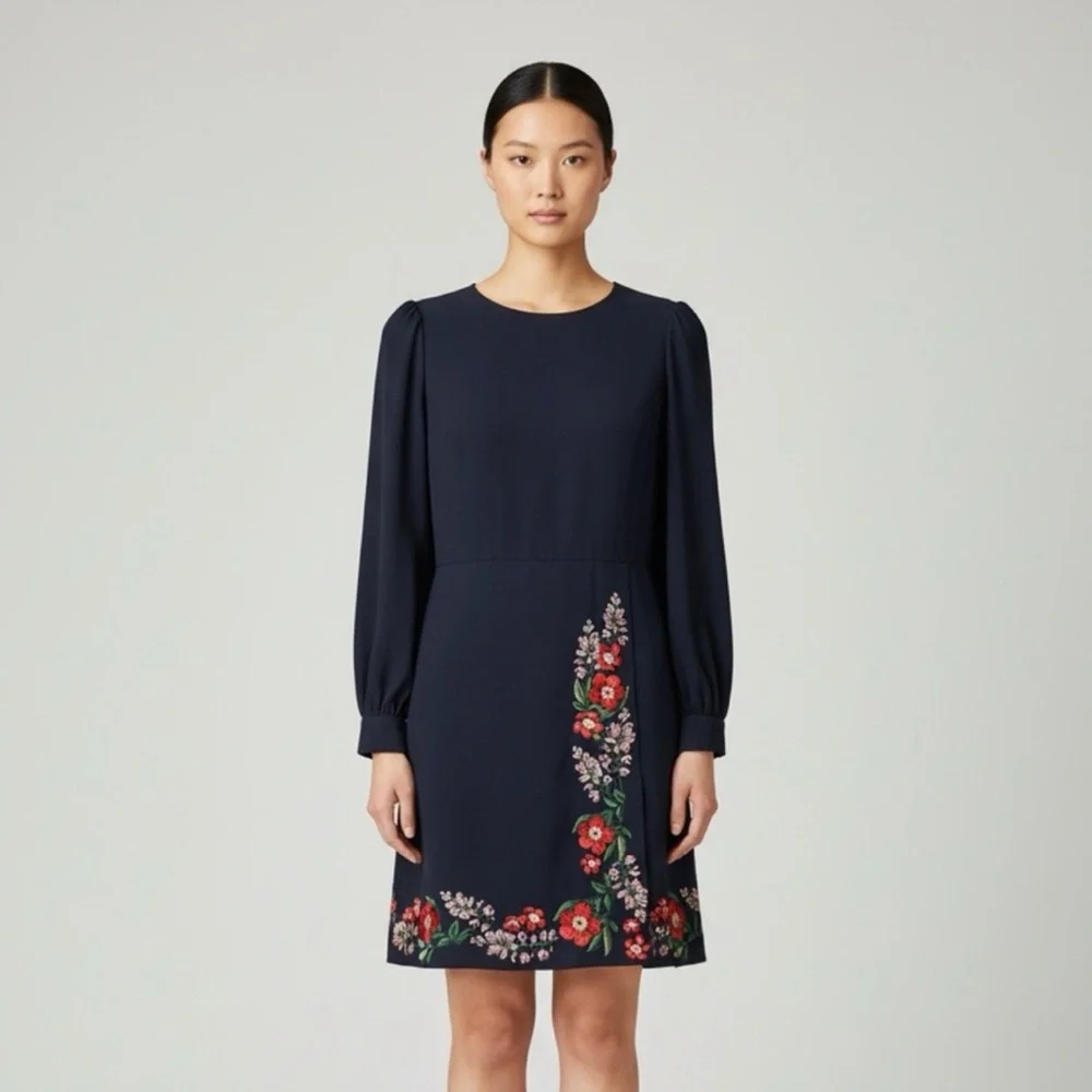 Ted Baker Navy Long Sleeved Dress with Floral Embroidery, Size 10 - Picture 3 of 14